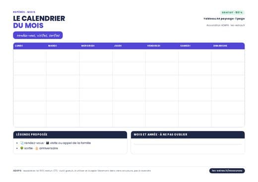 Aperçu : Calendrier du mois à compléter