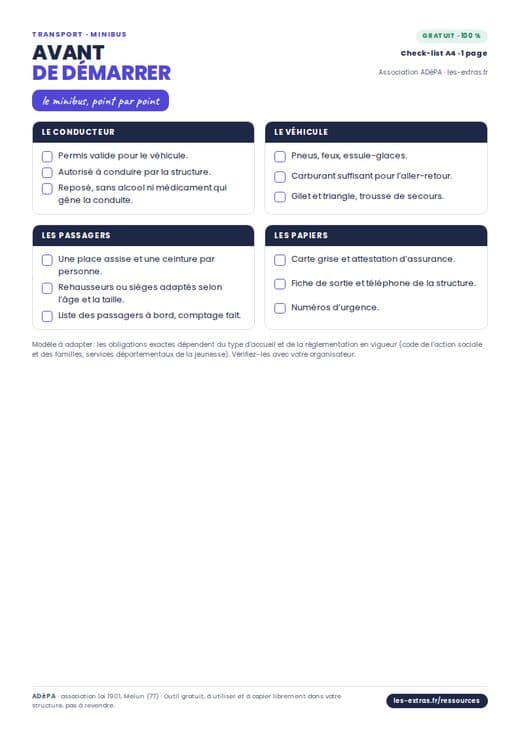 Aperçu : Check-list départ en minibus