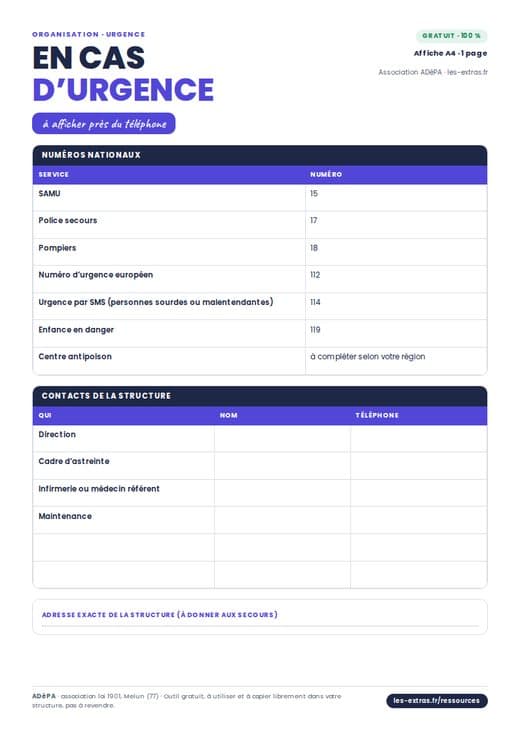 Aperçu : Fiche des contacts d’urgence à afficher