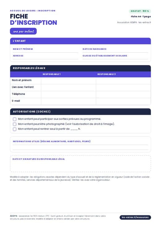 Aperçu : Fiche d’inscription en accueil de loisirs