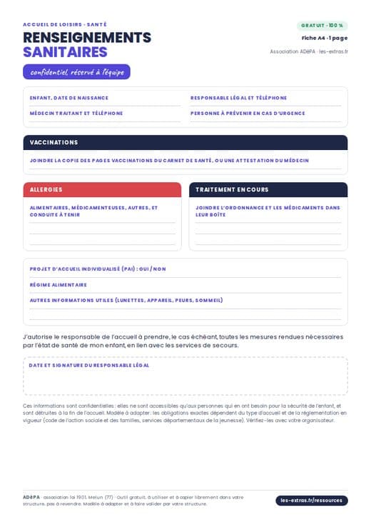 Aperçu : Fiche de renseignements sanitaires