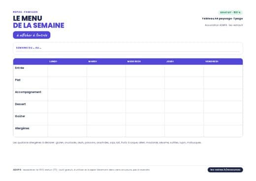 Aperçu : Menu de la semaine à afficher