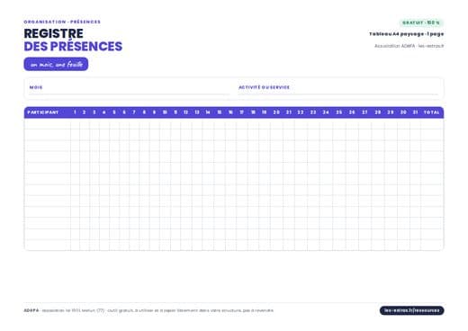 Aperçu : Registre des présences du mois