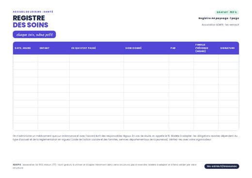 Aperçu : Registre des soins (cahier d’infirmerie)