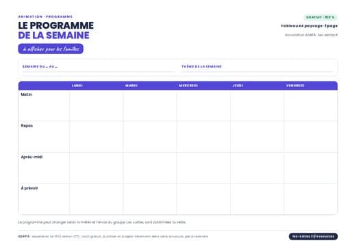 Aperçu : Programme de la semaine d’accueil de loisirs