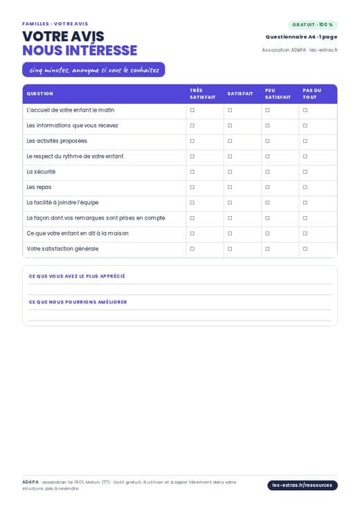 Aperçu : Questionnaire de satisfaction des familles